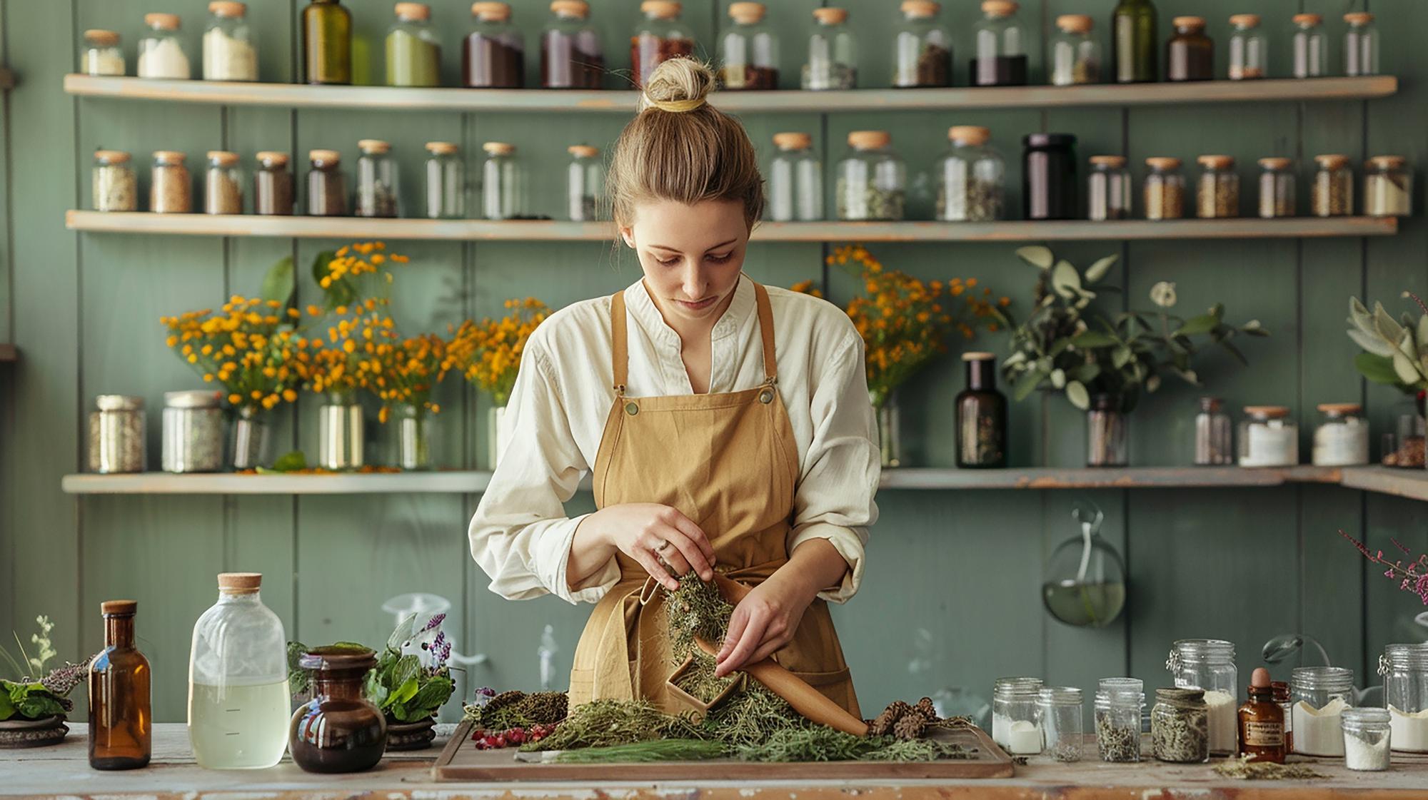 founder in kitchen workshop, arranging herbs