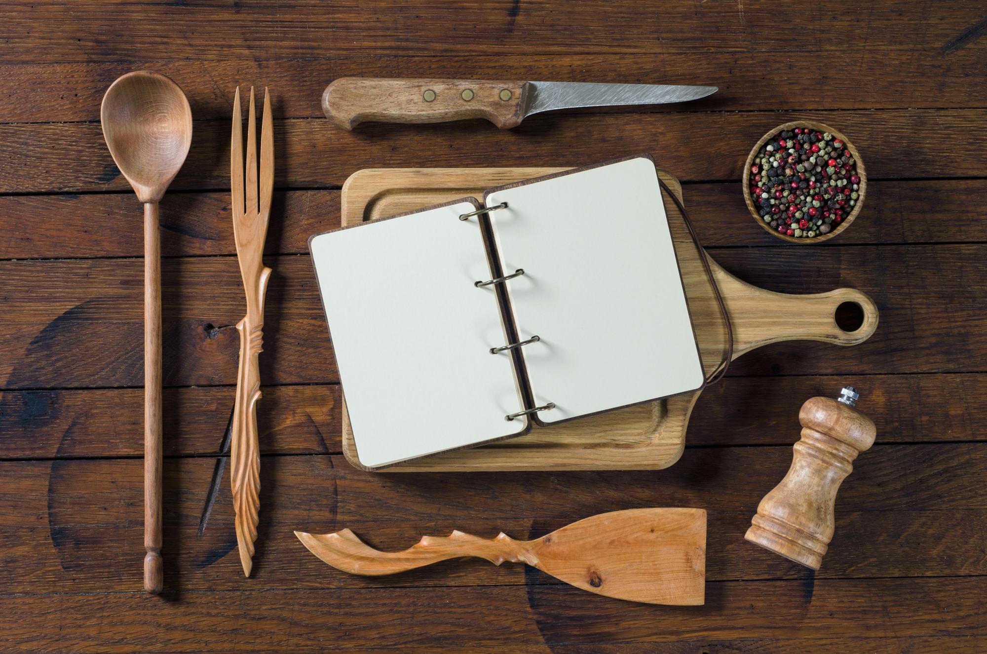 notebook with menu notes and timer